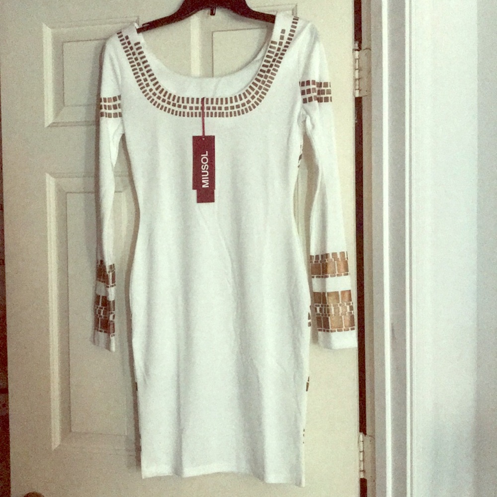Miusol S fitted white & gold midi dress-New w tags